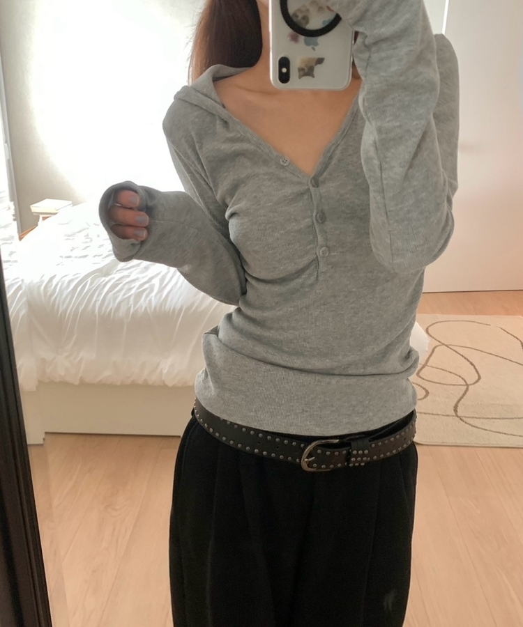 Vネックボタンシャーリングフード(6color) MELANGE