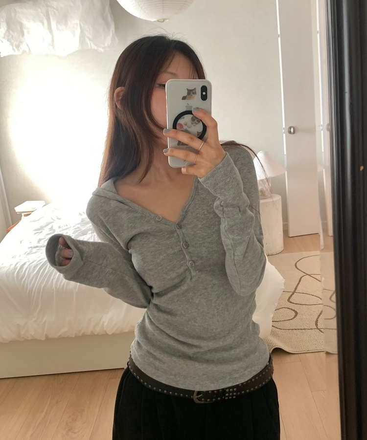 Vネックボタンシャーリングフード(6color) MELANGE