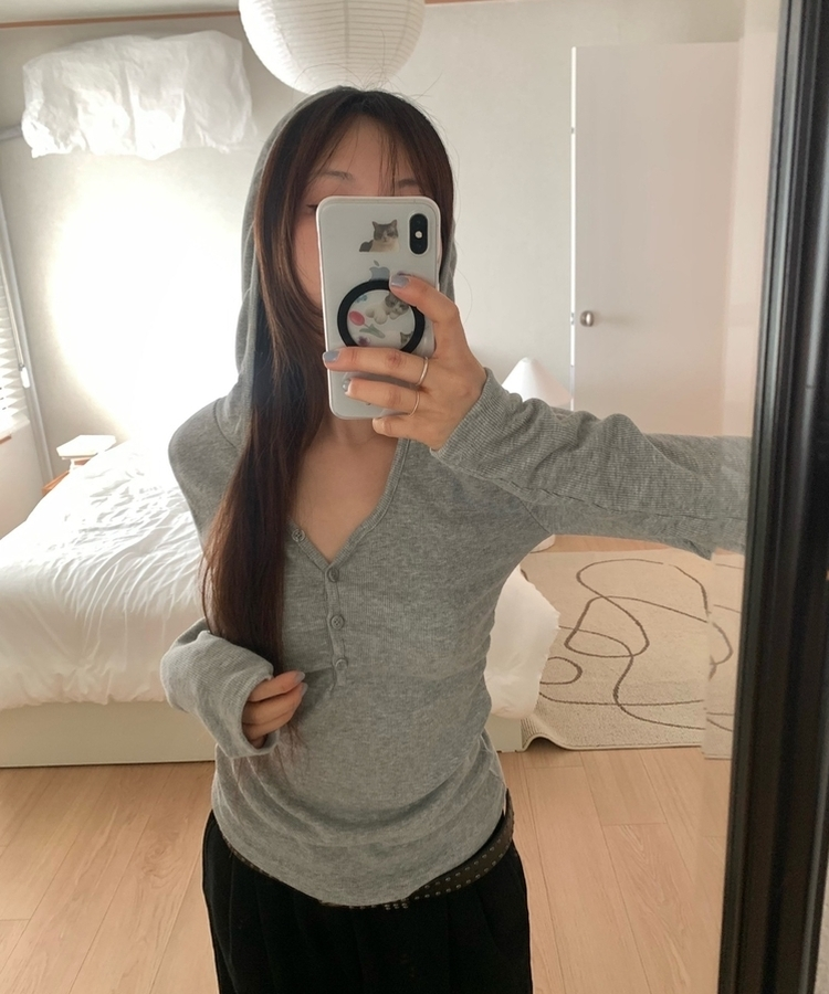 Vネックボタンシャーリングフード(6color) MELANGE