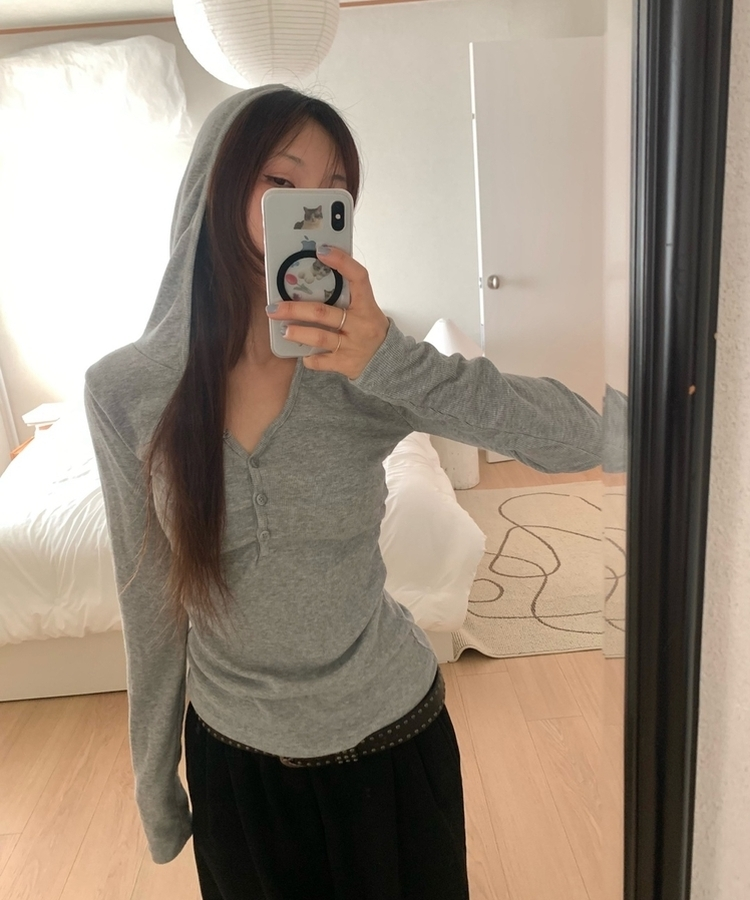 Vネックボタンシャーリングフード(6color) MELANGE