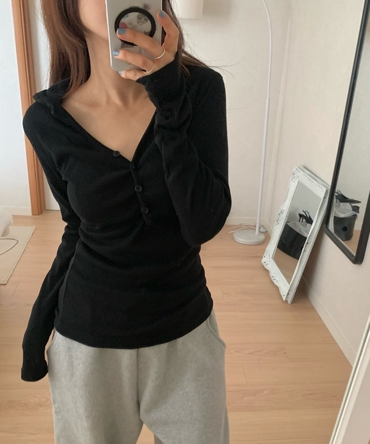 Vネックボタンシャーリングフード(6color) BLACK