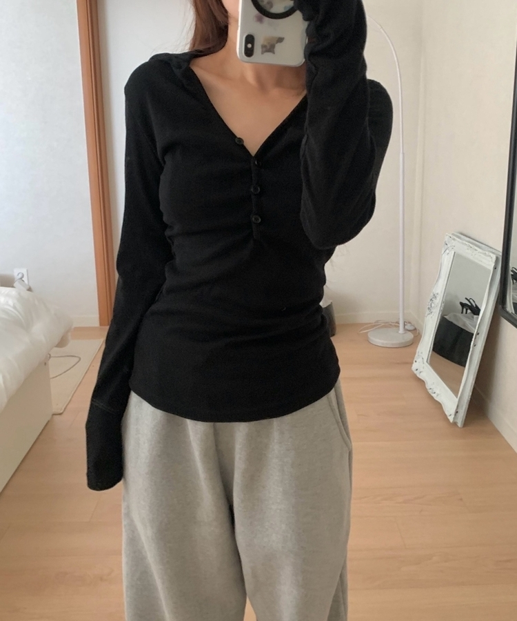 Vネックボタンシャーリングフード(6color) BLACK