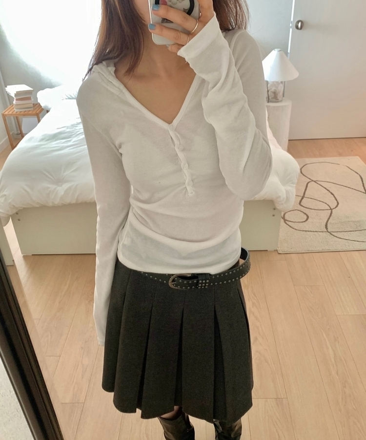 Vネックボタンシャーリングフード(6color) IVORY