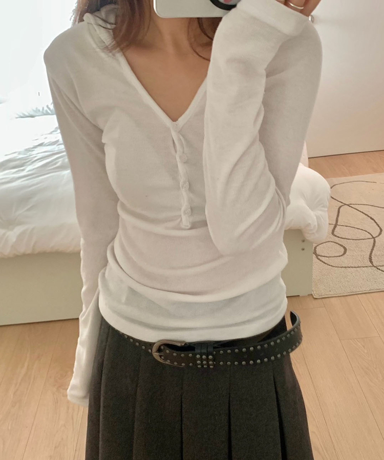 Vネックボタンシャーリングフード(6color) IVORY