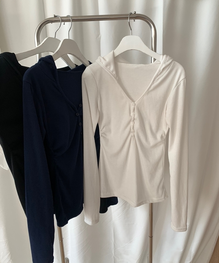 Vネックボタンシャーリングフード(6color)