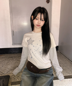 レイヤードスター刺繍長袖Tシャツ OATMEAL