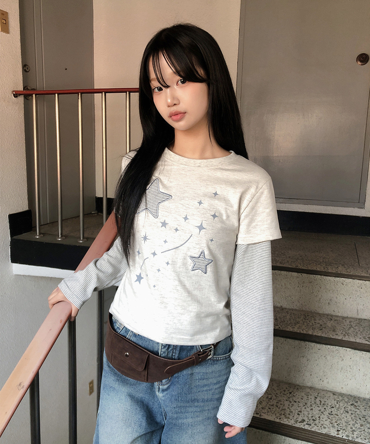 レイヤードスター刺繍長袖Tシャツ OATMEAL