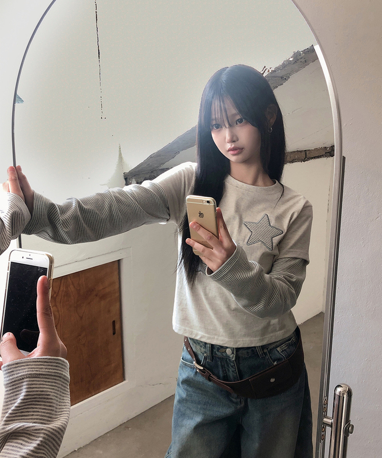 レイヤードスター刺繍長袖Tシャツ OATMEAL
