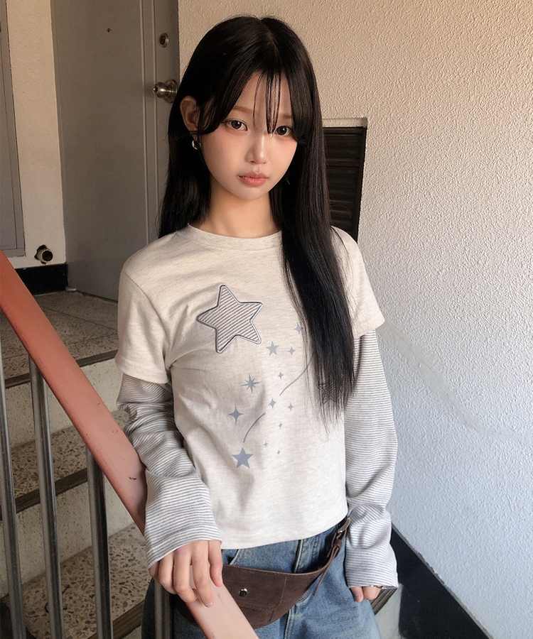 レイヤードスター刺繍長袖Tシャツ OATMEAL