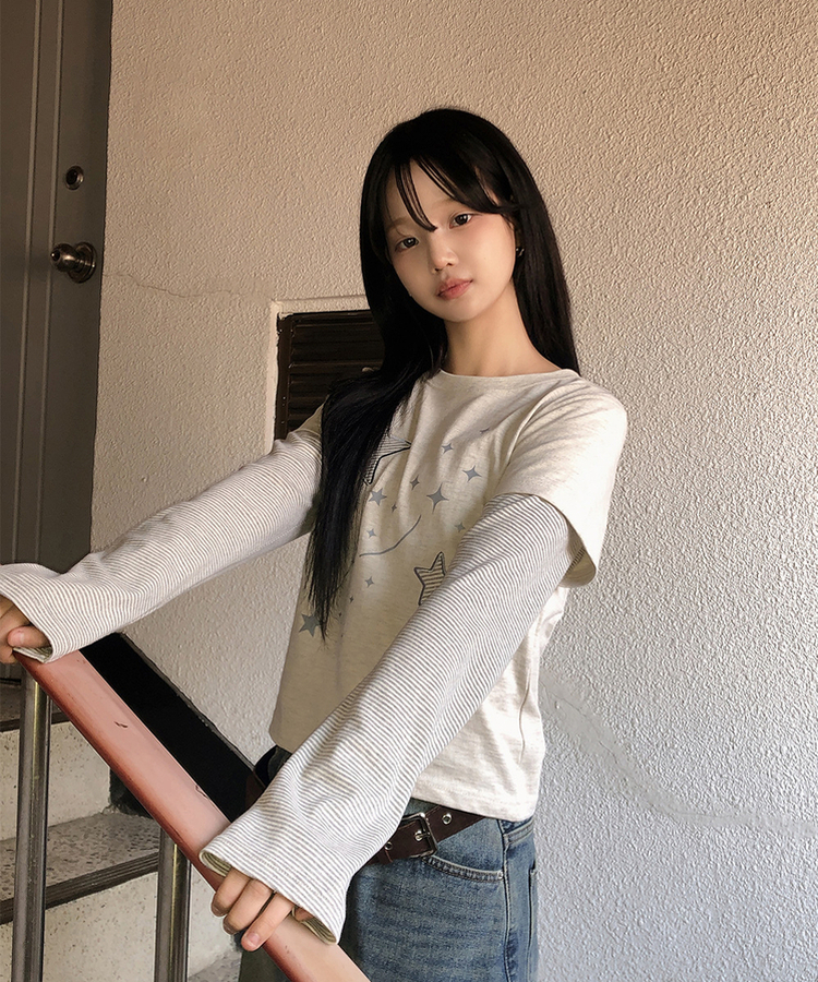 レイヤードスター刺繍長袖Tシャツ OATMEAL
