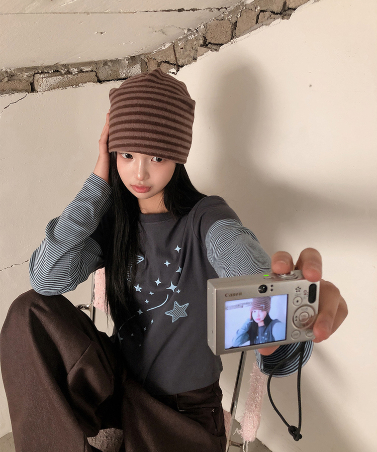 レイヤードスター刺繍長袖Tシャツ CHARCOAL