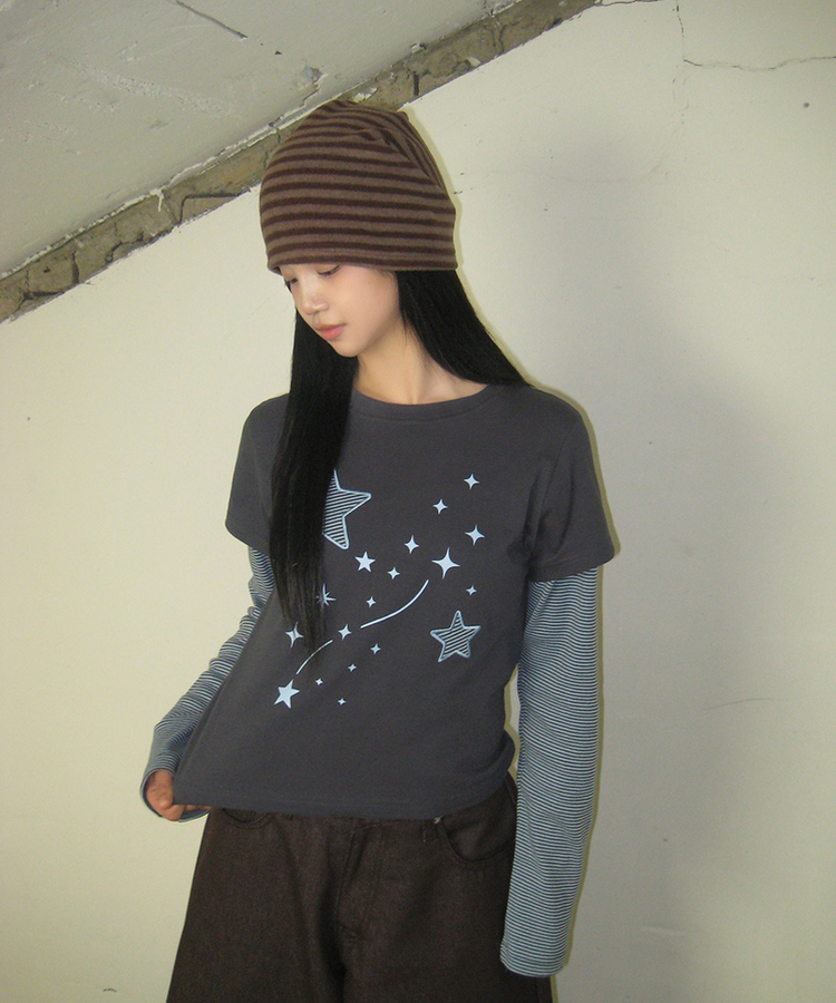 レイヤードスター刺繍長袖Tシャツ CHARCOAL