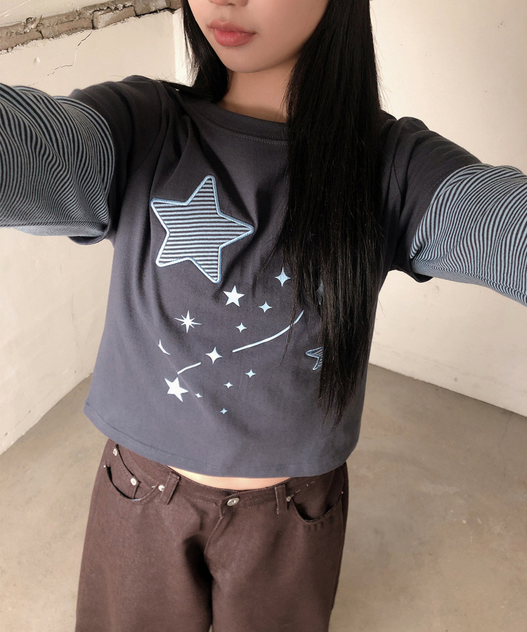 レイヤードスター刺繍長袖Tシャツ CHARCOAL