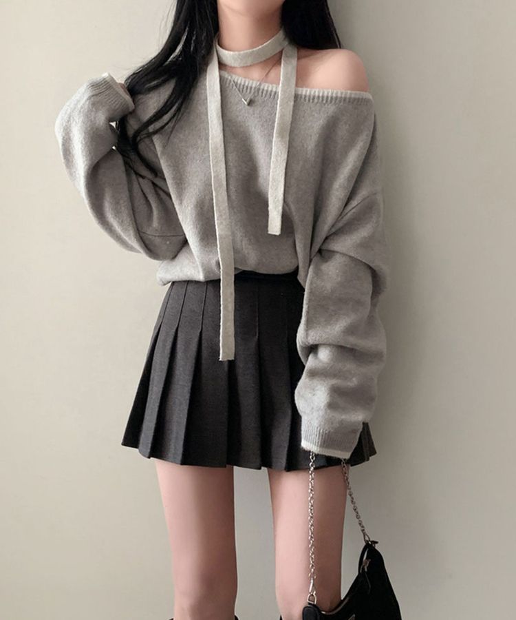 구름을 니트로 담는다면베스킨 배색 입술넥 니트 초커 그레이+아이보리