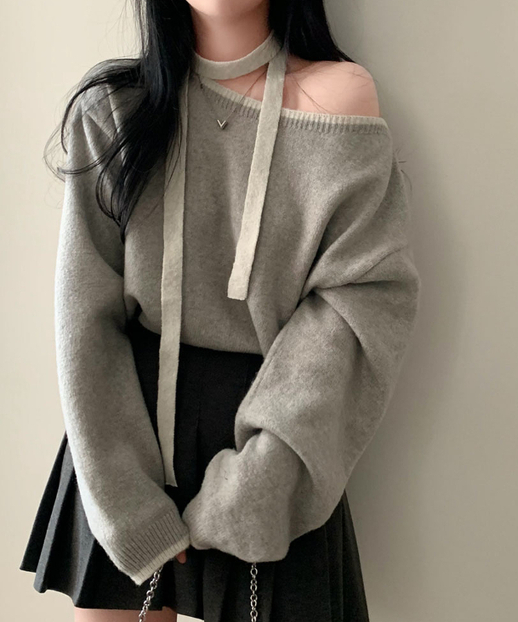 구름을 니트로 담는다면베스킨 배색 입술넥 니트 초커 그레이+아이보리