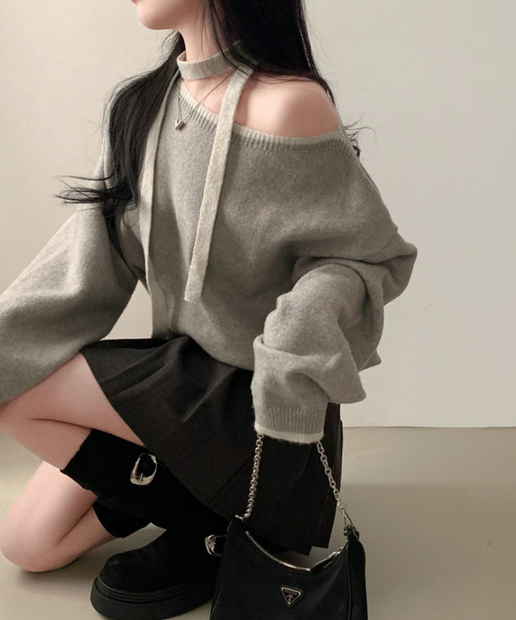 구름을 니트로 담는다면베스킨 배색 입술넥 니트 초커 그레이+아이보리