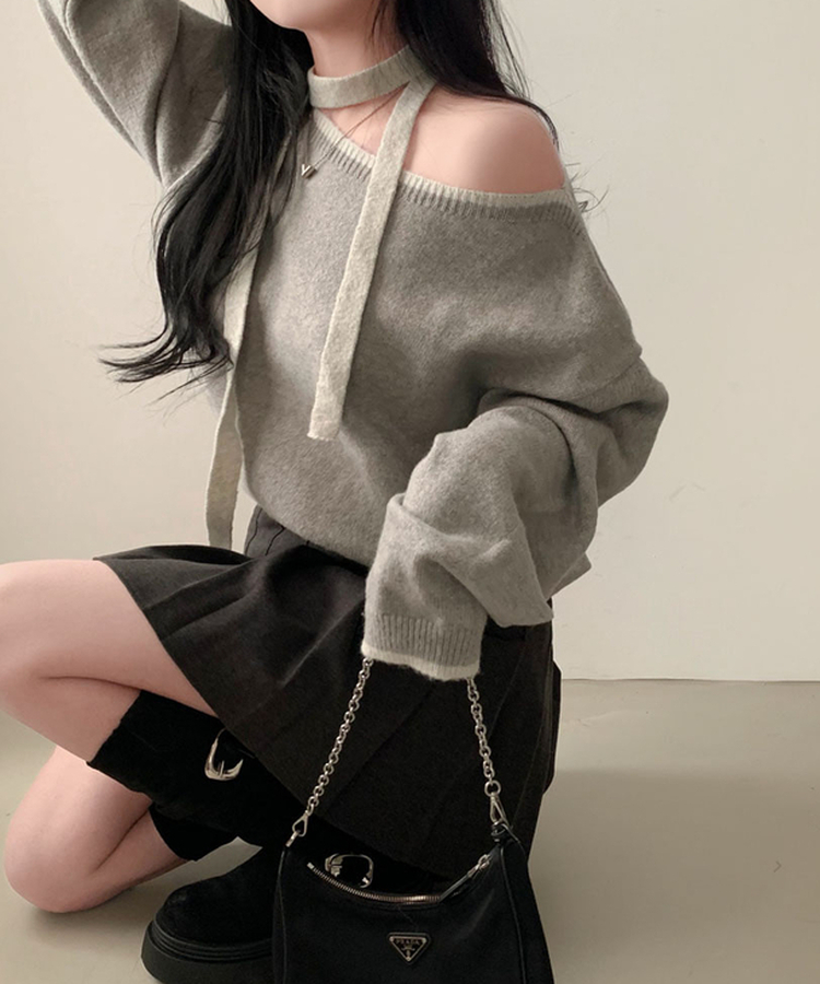 구름을 니트로 담는다면베스킨 배색 입술넥 니트 초커 그레이+아이보리