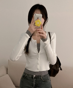 미닛 이중 레이어드 싸개단추 골지 가디건 화이트