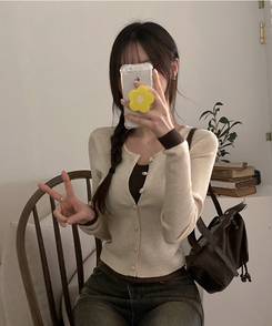 미닛 이중 레이어드 싸개단추 골지 가디건 베이지