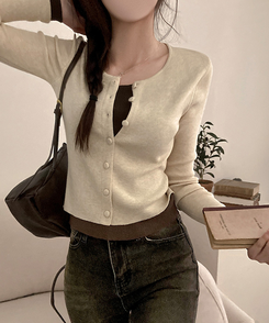 미닛 이중 레이어드 싸개단추 골지 가디건 베이지