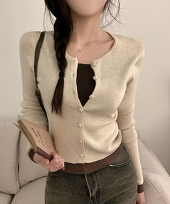 미닛 이중 레이어드 싸개단추 골지 가디건 베이지