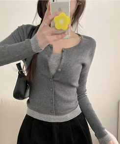 미닛 이중 레이어드 싸개단추 골지 가디건 차콜