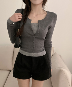 미닛 이중 레이어드 싸개단추 골지 가디건 차콜