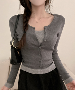 미닛 이중 레이어드 싸개단추 골지 가디건 차콜