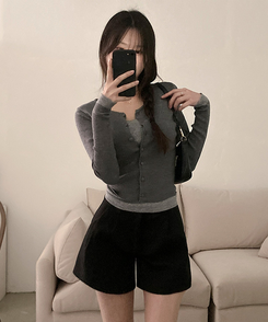 미닛 이중 레이어드 싸개단추 골지 가디건 차콜