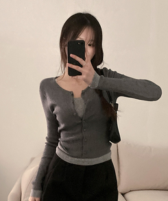 미닛 이중 레이어드 싸개단추 골지 가디건 차콜