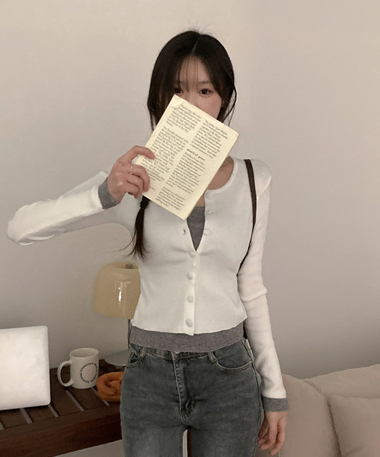 미닛 이중 레이어드 싸개단추 골지 가디건 화이트