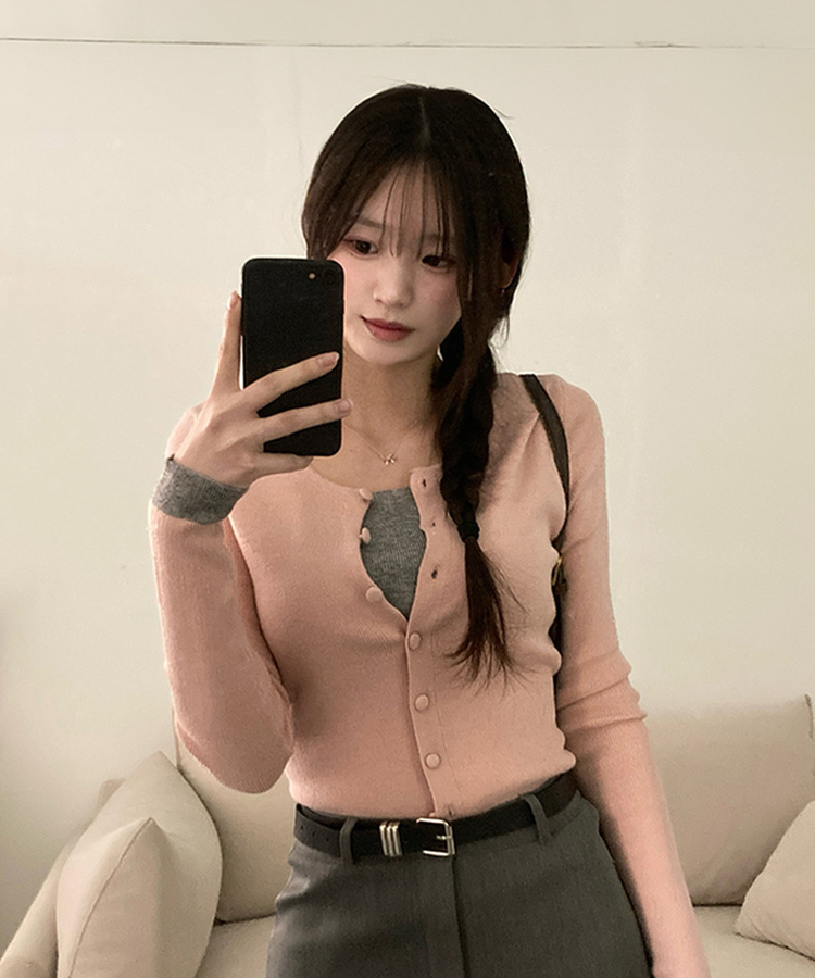 미닛 이중 레이어드 싸개단추 골지 가디건 핑크