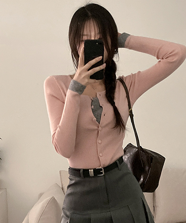 미닛 이중 레이어드 싸개단추 골지 가디건 핑크