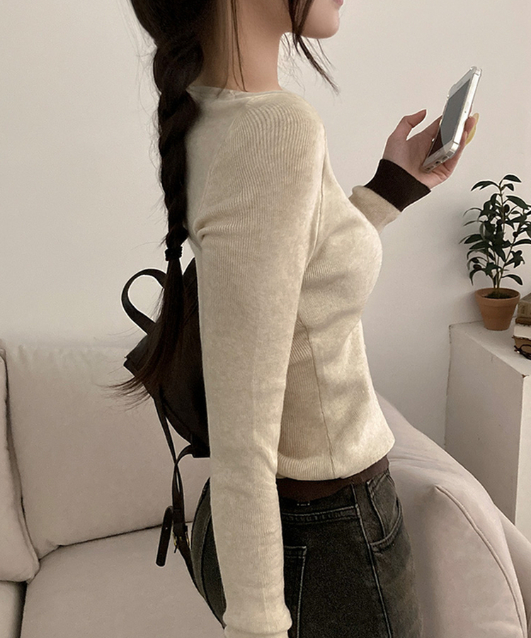 미닛 이중 레이어드 싸개단추 골지 가디건 베이지