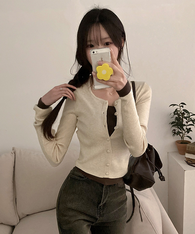 미닛 이중 레이어드 싸개단추 골지 가디건 베이지