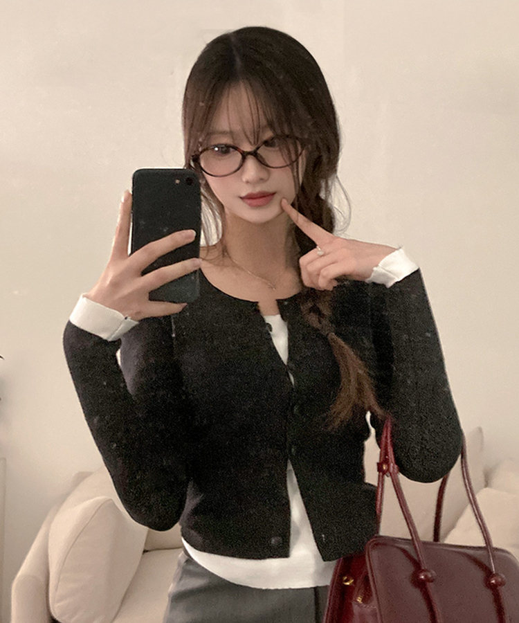 미닛 이중 레이어드 싸개단추 골지 가디건 블랙