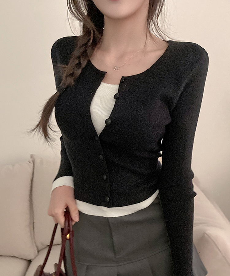 미닛 이중 레이어드 싸개단추 골지 가디건 블랙