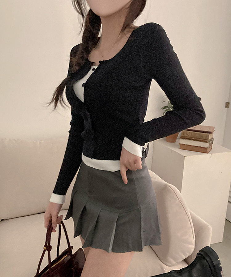 미닛 이중 레이어드 싸개단추 골지 가디건 블랙