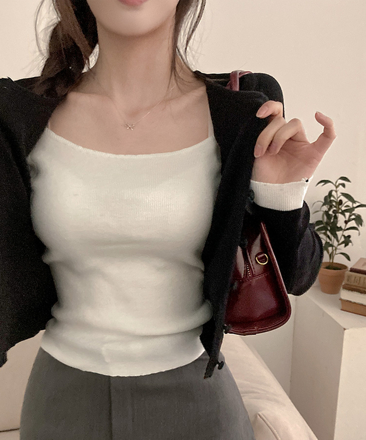 미닛 이중 레이어드 싸개단추 골지 가디건 블랙