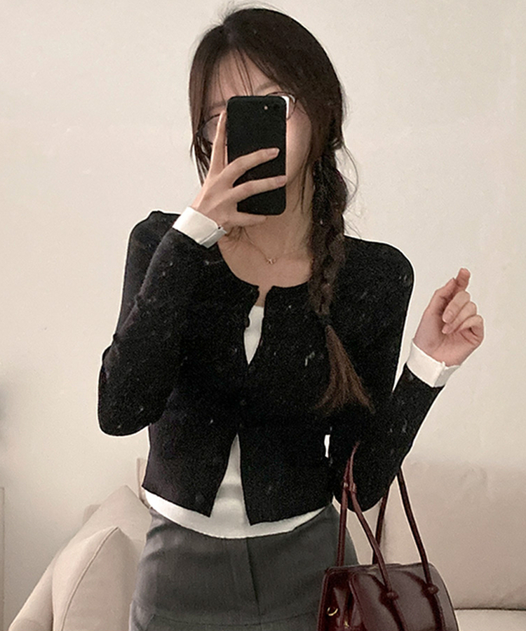 미닛 이중 레이어드 싸개단추 골지 가디건 블랙