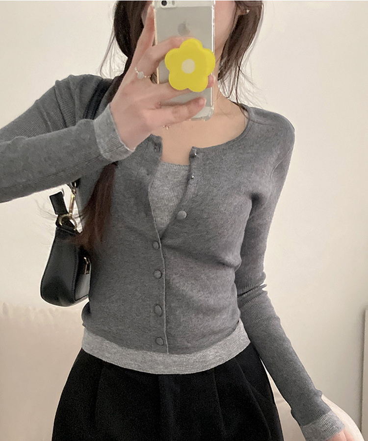 미닛 이중 레이어드 싸개단추 골지 가디건 차콜