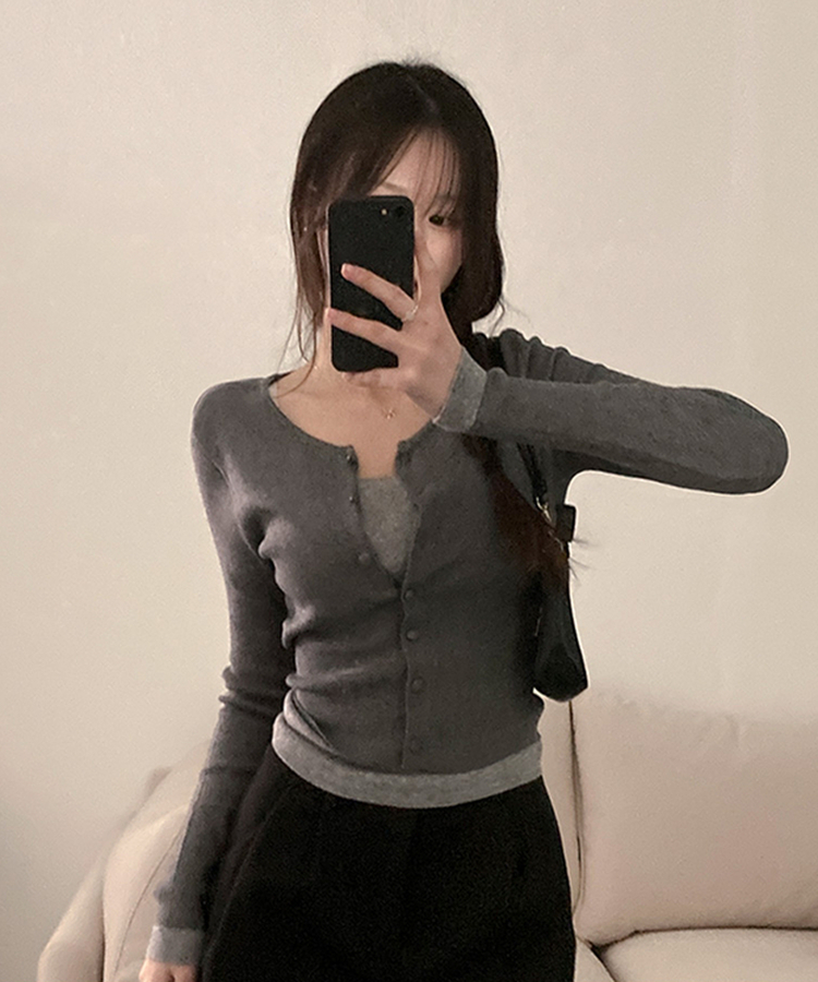 미닛 이중 레이어드 싸개단추 골지 가디건 차콜