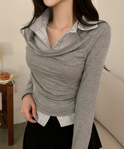 사라 셔츠 드레이프 레이어드 티셔츠 그레이