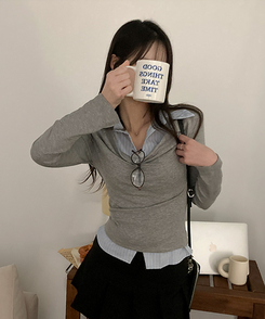 사라 셔츠 드레이프 레이어드 티셔츠 그레이