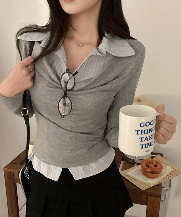 사라 셔츠 드레이프 레이어드 티셔츠 그레이