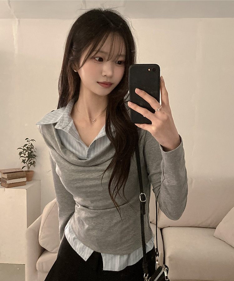 사라 셔츠 드레이프 레이어드 티셔츠 그레이