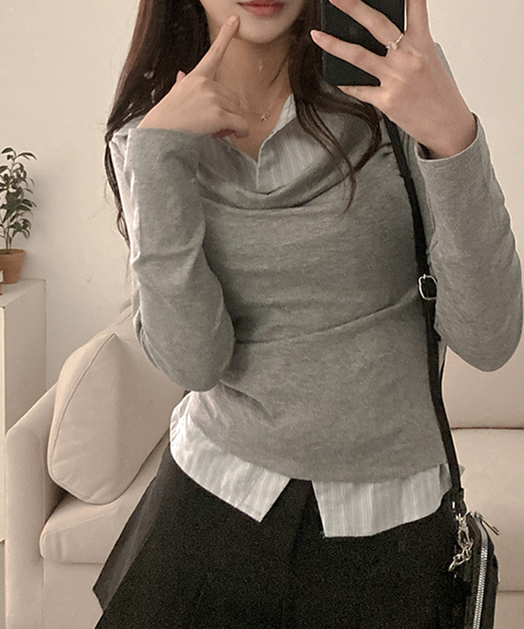 사라 셔츠 드레이프 레이어드 티셔츠 그레이