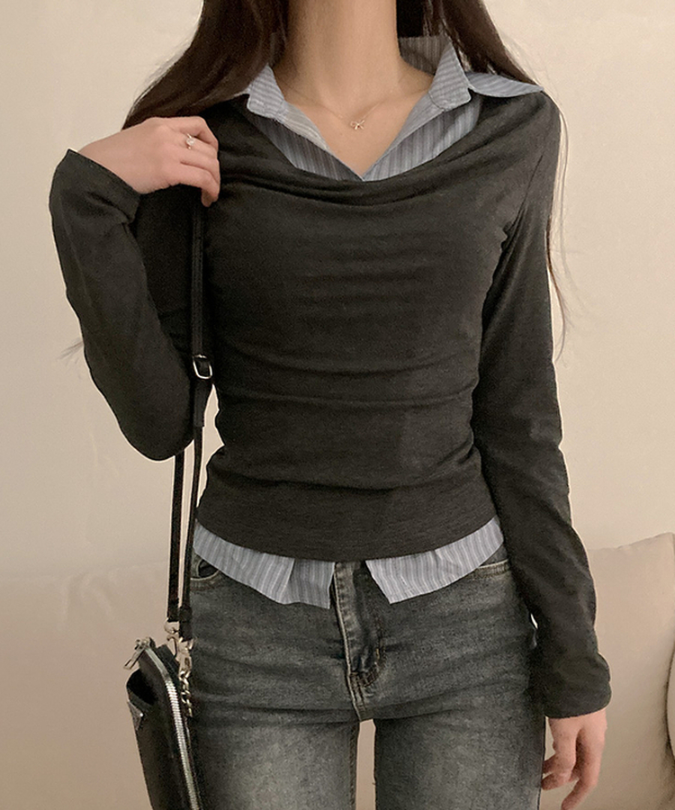 사라 셔츠 드레이프 레이어드 티셔츠 차콜