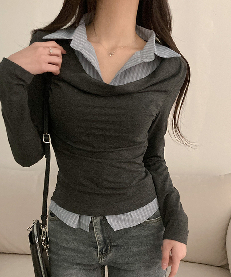 사라 셔츠 드레이프 레이어드 티셔츠 차콜