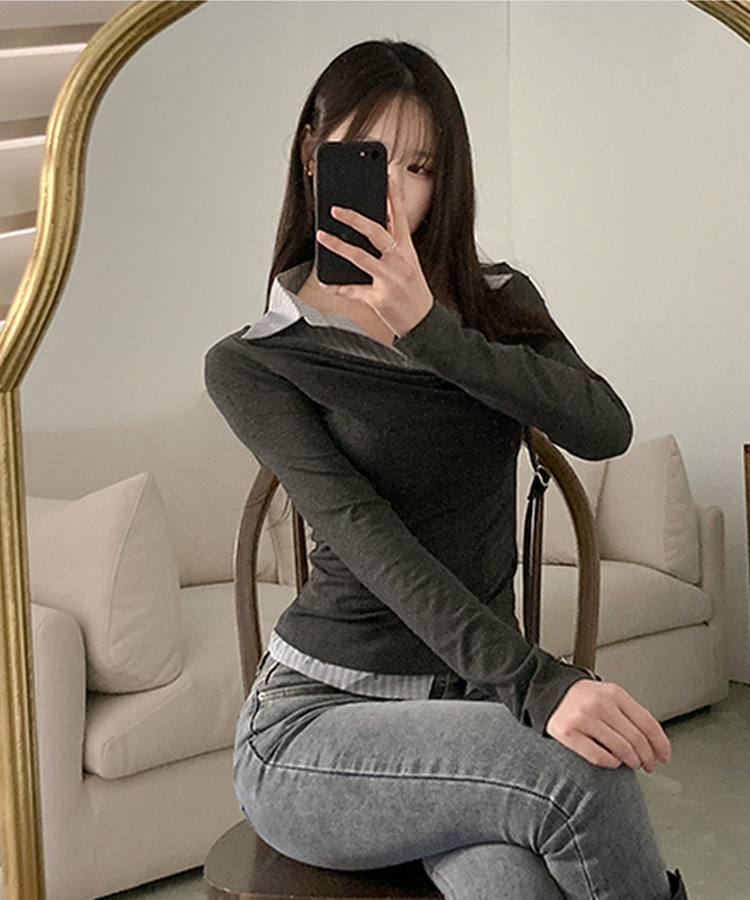 사라 셔츠 드레이프 레이어드 티셔츠 차콜